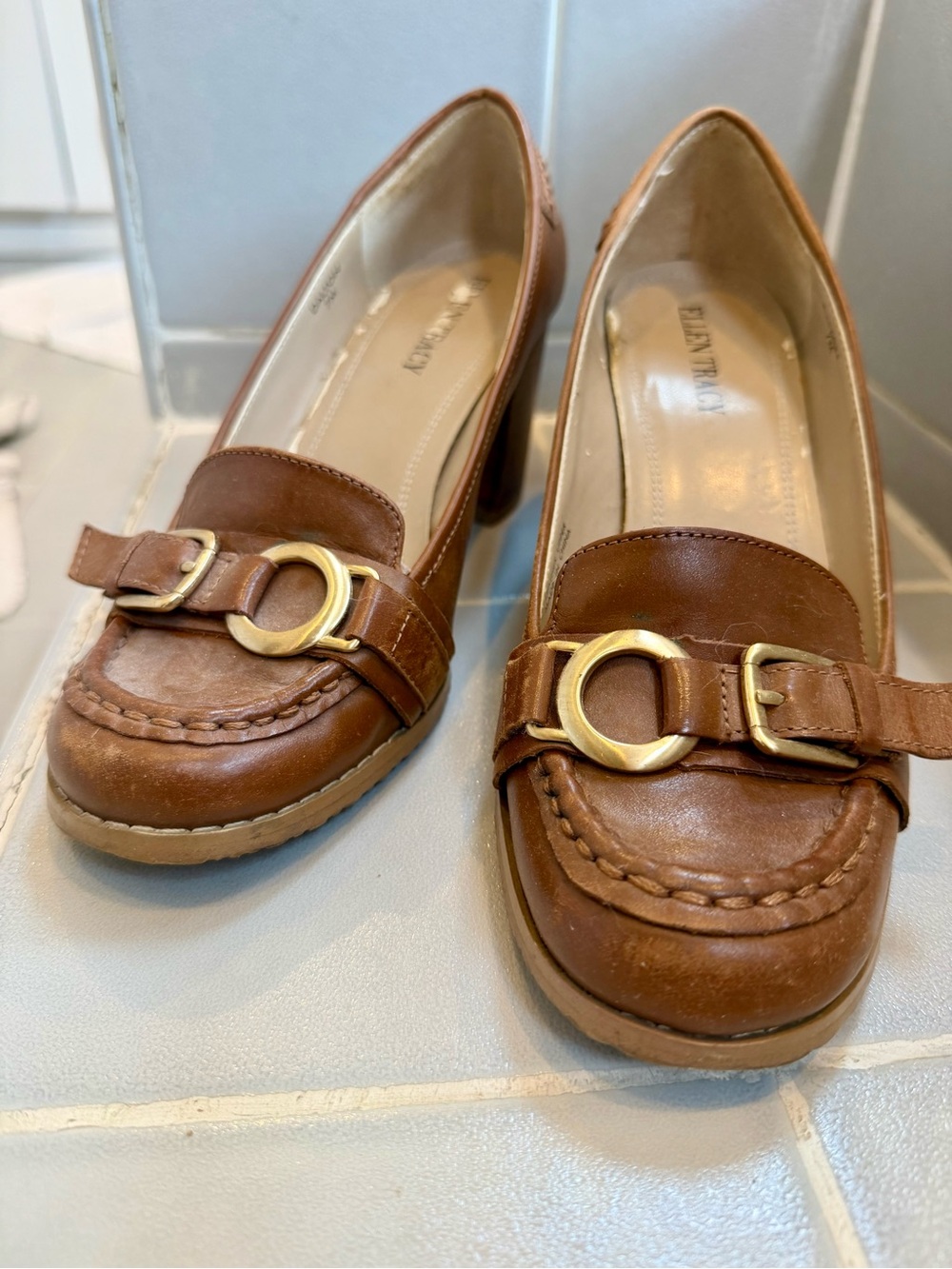 Ellen Tracy Brown Leather Loafer Heels with Gold Ring Accent